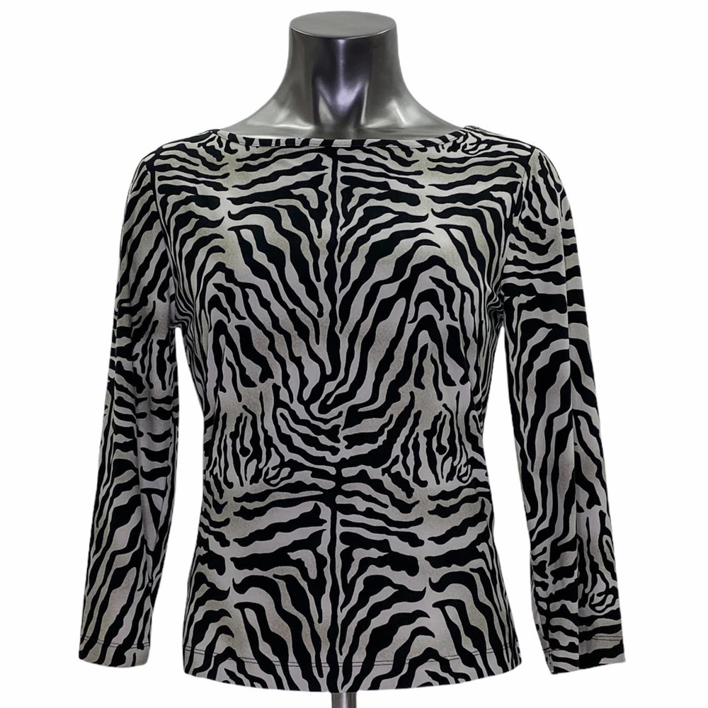 BLACK Tan Zebra Print Long Sleeve Boat Neck Top